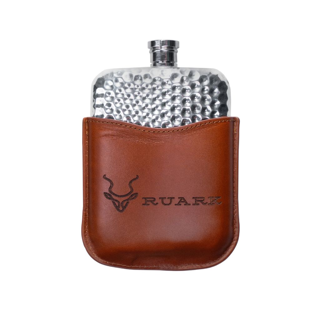RUARK® FLASK HAMMERED PEWTER HIP FLASK WITH LEATHER POUCH 177ML