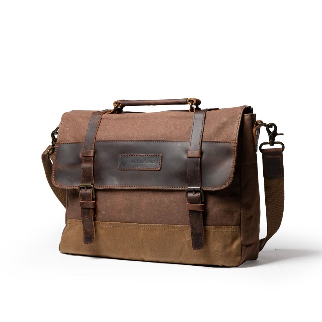 RUARK® AMBOSELI WAXED COTTON BRIEFCASE KHAKI/BROWN 13 INCH